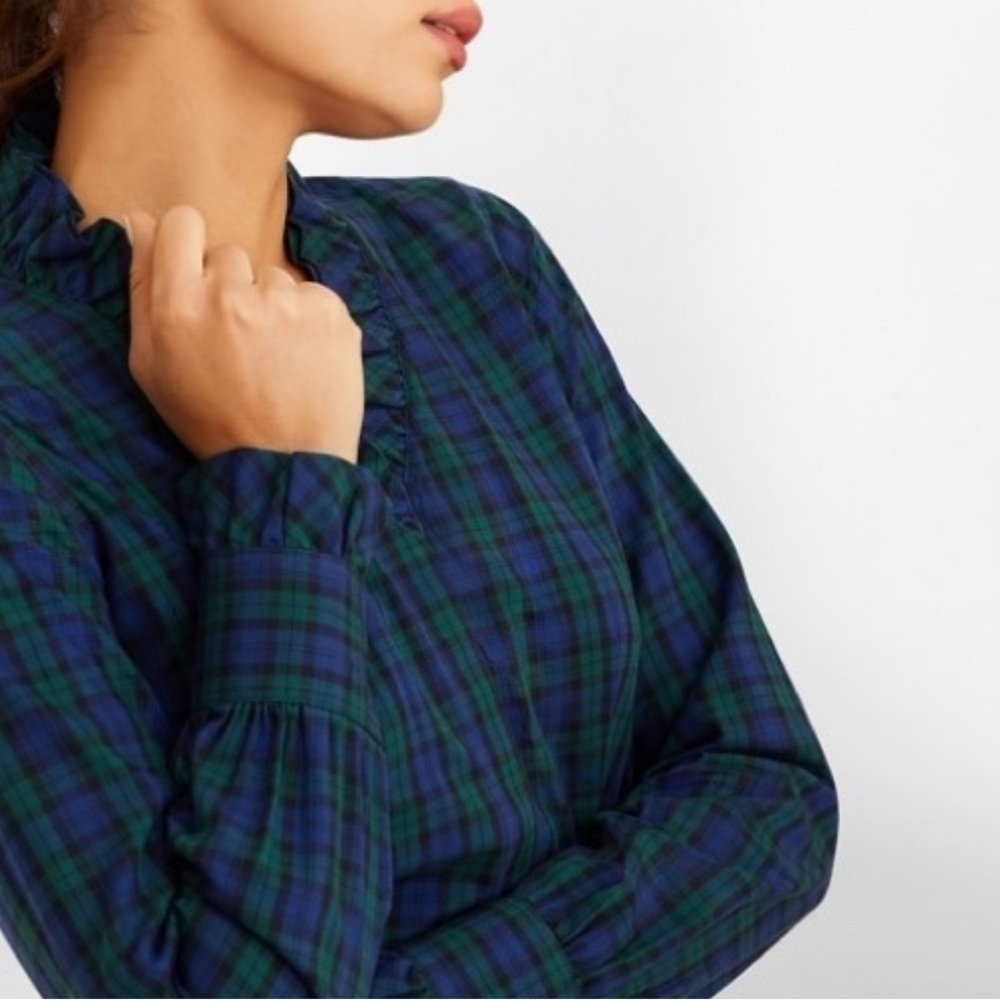 Tartan Supima® Cotton-Blend Ruffle-Collar Blouse